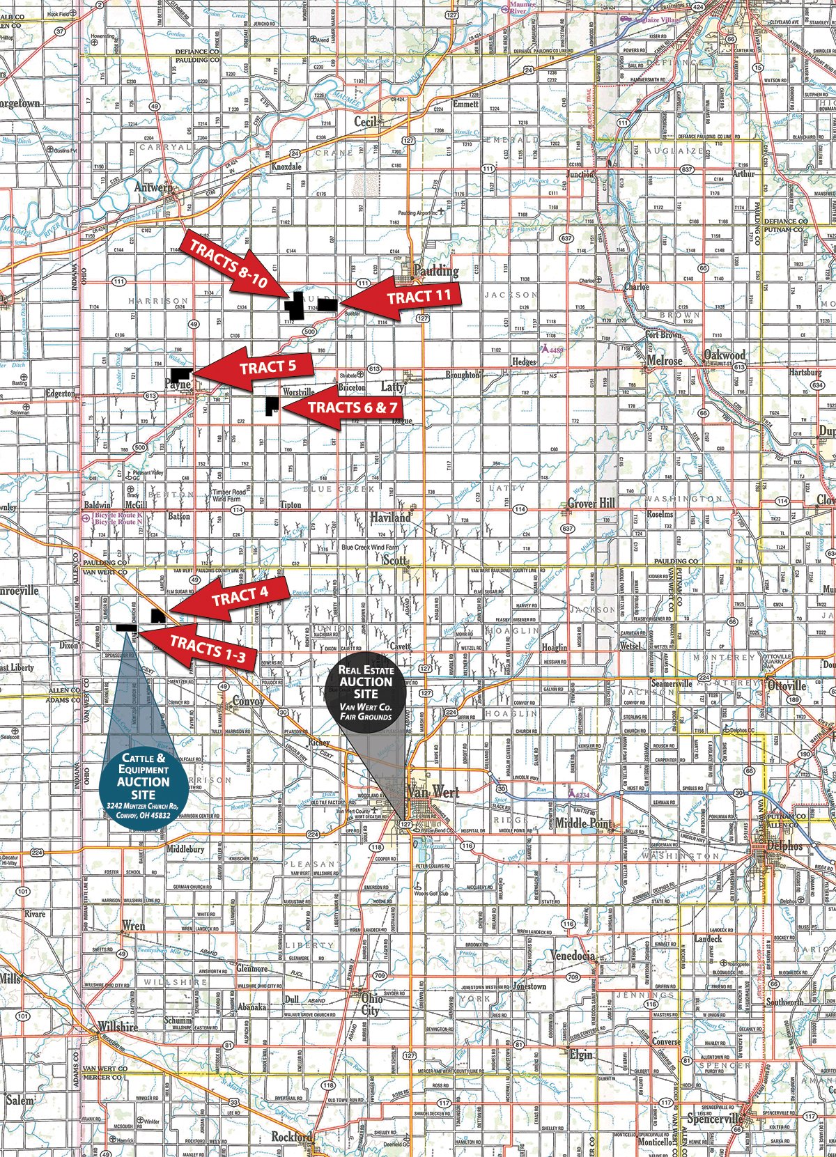 Area map - *** Accepted Offer. Auction Cancelled *** - COMPLETE DAIRY DISPERSAL AUCTION - 934+/- ACRES IN 11 TRACTS IN PAULDING & VAN WERT COUNTIES, OHIO